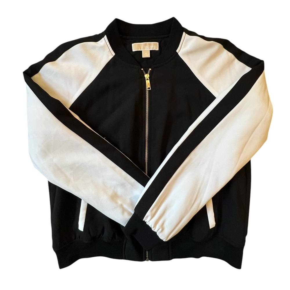Michael Kors Black White Striped Full Zip Track Bomber Sporty Jacket Medium - Picture 4 of 10